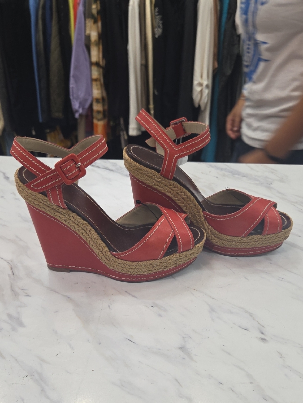 Christian Louboutin Red Leather Espadrille Wedge Sandals